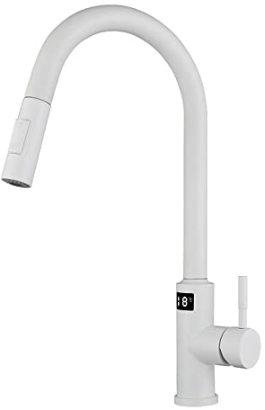 304 Grifo de fregadero de acero inoxidable Touch Pull-Out Telescópico Caliente y frío Inducción inteligente Pantalla digital Grifo de cocina, blanco Pantalla digital Grifo extraíble táctil
