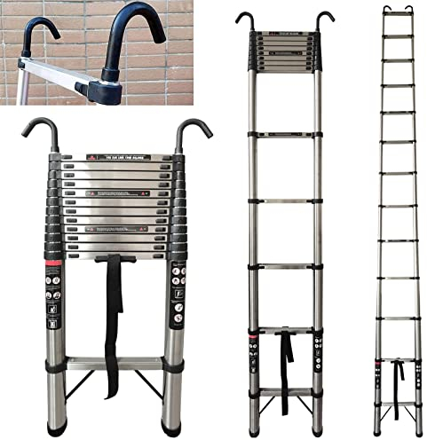 Dachleiter, ausziehbar, Teleskopleiter, ausziehbar, mit Haken und rutschfesten Füßen, tragbare Dachbodenleiter, Edelstahl-Klappleiter, 12 Stufen, hohe Leiter, 150 kg Kapazität