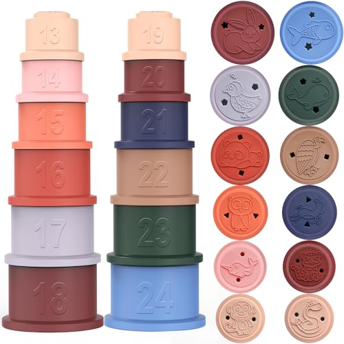 Taza de Juguete Apilable para Pequeños, Cubos Apilables para Bebés 2 Juegos(6+6), Juguetes Educativos de Silicona Blanda para Bebés, Juguetes Apilables para el Aprendizaje y el Desarrollo, Morandí