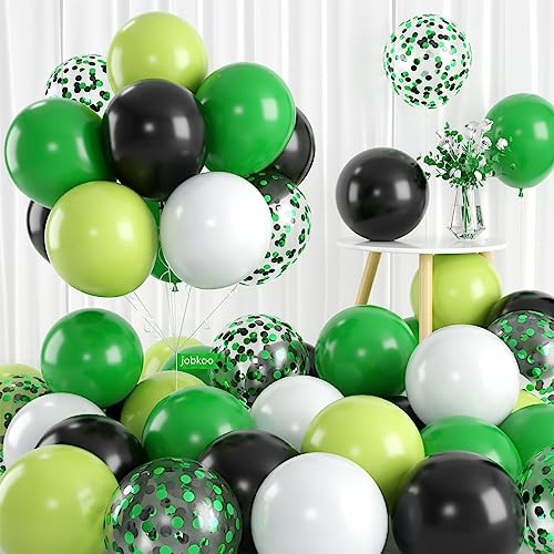Green and Black Balloon Set, 60 PCS With White and Confetti Balloons, 12 Inch Lime Green for Video Game Football Theme Party Kids Birthday Decorations