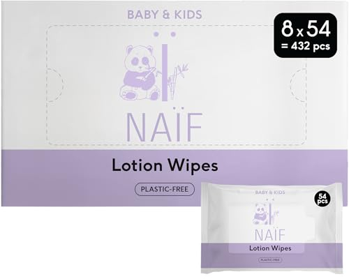 Naïf - Plastikfreie Lotion Feuchttücher - 432 stück (8er x 54 Feuchttücher) - für Baby & Kind - Babypopo, Körper, Gesicht - wie Aloe Vera und Bambus - 0% Parfüm und Alkohol
