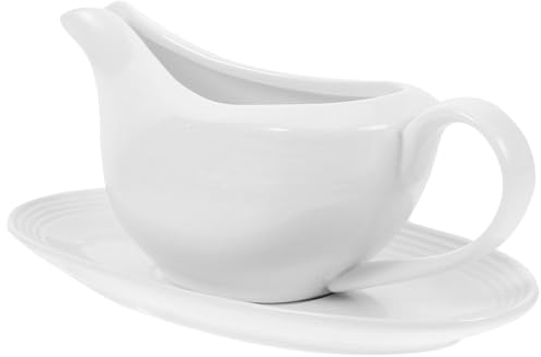 Kichvoe Porcelain Gravy Boat with Saucer Salad Sauce Dispenser Creamer Pitcher with Handle 160ml Easy Pour White Gravy Boat with Saucer Stand for Gravy Salad Dressings