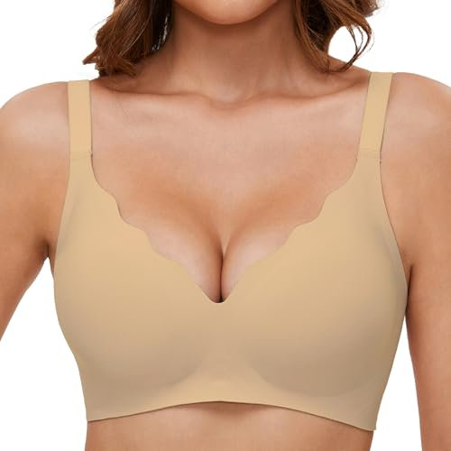 GXOULRRA V Ausschnitt BH Damen ohne Bügel Softschalen Bustier High Elastizität BHS Tshirt Bügelloser mit zusätzlicher Verlängerung Beige L