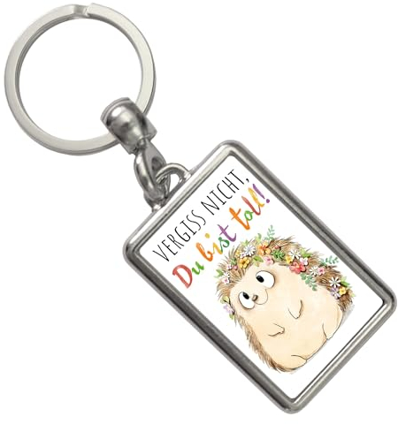 Igel Schlüsselanhänger mit Spruch Vergiss nicht du bist toll Bunter Glücksbringer fröhlich mit Blumen Freund zum Mitnehmen Wertschätzung