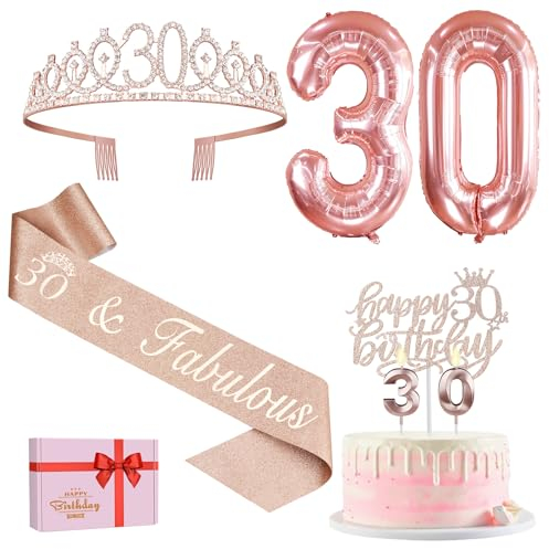 Amosking 30th Birthday Decorations for Women, Including 30th Birthday Sash and Crown, Cake Topper and Candles, Rose Gold Number Balloons, 30 Year Old Gifts for Women