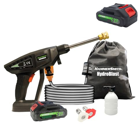 Hammersmith HydroBlast Druckpistole - Vorteil-Set - Akku Druckreiniger für Gartenschlauch inkl. 2600mAh Zusatzakku - 5m Reichweite - Waschpistole ohne Kabel