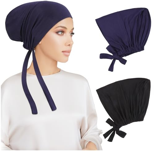 PHOGARY 2 Stück Frauen Undercap Hijab, Islamische Muslimische Unterschal Hijabcap mit Tie Back Closure Solid Color Unter Schal Hijab Mütze Turban Kopfbedeckung Chemo Kopftuch Schlafmütze (A)