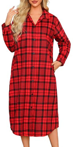 MIA LUCCE Vêtements de nuit pour femmes, chemises de nuit et chemises de nuit en flanelle de coton pour femme, chemise de nuit à manches longues pour femme, chemise de nuit boutonnée sur le devant,
