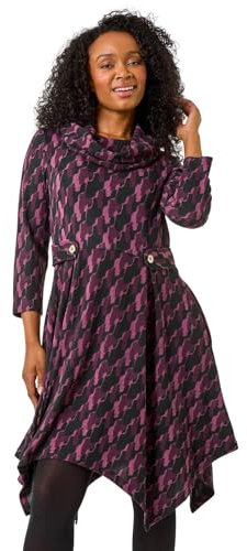 Roman Petite Abstract Print Hanky Hem Stretch Dress for Women UK - Ladies Everyday Autumn Winter Cowl Neckline Comfy Soft Evening Vacation Work Party Night Out - Purple - Size 10