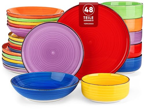 Geschirrset 12 Personen, vancasso Bonita 48tlg Tafelservice aus Steingut, Teller set modern, Schüssel- und Teller Set