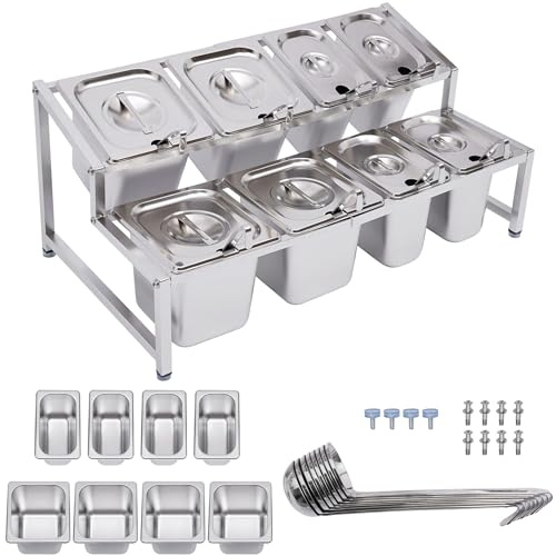 ZMJGLL Pizza Topping Station with 5 1/3Pans and Lids, Stainless Steel Pan Food Container Condiment Dispenser Countertop Spice Rack Organizer Shelf Holder (Industrial)