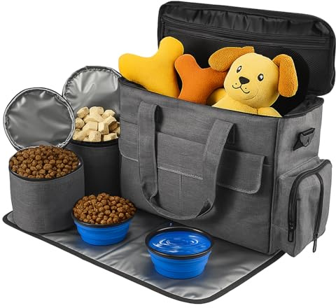 GROWNEER Dog Travel Bag Airline Approved Pet Weekend Set with 2 Food Containers, 2 Collapsible Bowls, Large Capacity Tote with Pockets for Outdoor Trips & Car Travel – Grey
