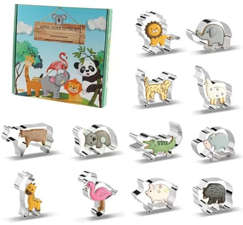 Tierförmige Ausstecher-Set, 12-teilige Premium-Edelstahl-Keksformen (Löwe, Krokodil, Schwein), lebensmittelecht, sichere Backwerkzeuge, kreatives Geschenk für Familien