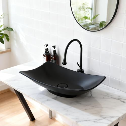 Focitland Évier de salle de bain en résine de pierre avec robinet à arc haut et bonde de vidage pop-up, lavabo rectangulaire noir de 55,9 cm, lavabo au-dessus du comptoir