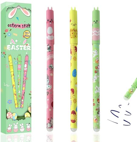Flanliy Radierbare Stifte Ostern Edition 2026, 3PCS Ostern Radierbarer Kugelschreiber mit Osterhase und Ostereier, 0,5 mm Spitze, Blau Stiftmine für Studenten Schule Büro (D)