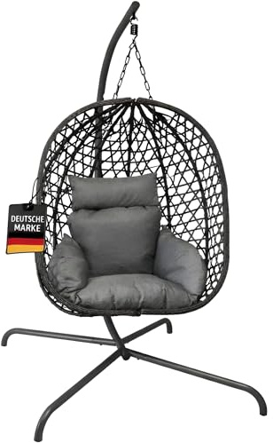 Hängesessel mit Gestell 194cm Anthrazit Hängeschaukel Komfortsessel Outdoor | BURI Sitz- und Kopfkissen weich für Indoor, Outdoor, Balkon und Garten mit komfortablem Sitzgefühl und hoher Bequemlichkeit