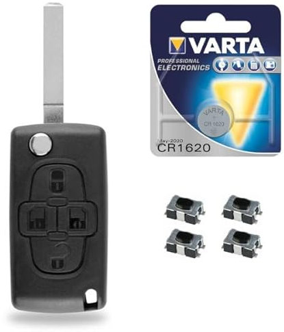 Boitier Clé de Télécommande Plip Compatible avec Peugeot 1007 807 ✚ 4 Boutons poussoirs ✚ Pile CR1620 VARTA - Kit iRace Keys®