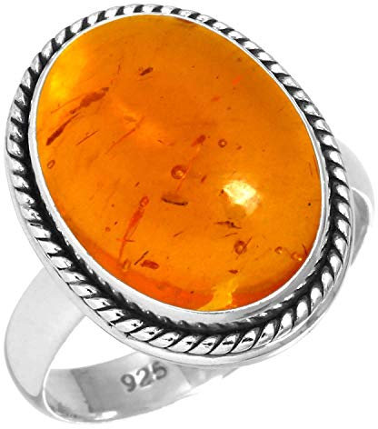 Jeweloporium Bague en argent et ambre orange, taille 52,5, en argent sterling 925 pour femme, bijou bohème avec grosses pierres ovales