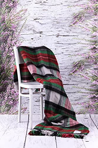 Merino Wool Bedding Decke/Überwurf, 160 x 200 cm, kariert, Doppelbettgröße, luxuriös, warm, Schottenkaro, Rot/Natur