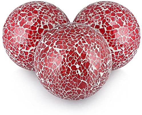 MDLUU 4 Decorative Orbs, Mosaic Sphere Balls, Centerpiece Balls for Bowls, Vases, Dining Table Decor, Pack of 3 (Red)