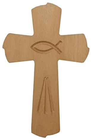 Kaltner Präsente Geschenkidee - Wandkreuz Echt Buche Holz Kreuz Kruzifix für die Wand 20 cm modern mit Herzen