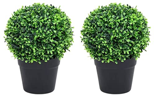 vidaXL Artificial Boxwood Plants - Twin Pack 27 cm Green Ball-Shaped Topiary with Pots for Home/Office Decor, Weather-Resistant Polyethylene