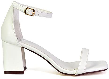 ESSEX GLAM Womens Low Mid Block Heel Sandals Ladies Strappy Ankle Strap Square Toe Heeled Sandals Size 3-8 White Pu