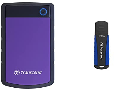 Transcend TS4TSJ25H3P 4TB Portable, Externe Festplatte (HDD) in Purple (lila) mit Backup-Funktion und Schutzhülle, robust Plug und Play & 128GB JetFlash 810 USB 3.1 Gen 1 USB Stick TS128GJF810, Lila