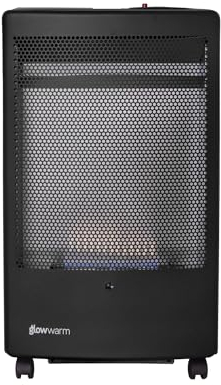 WARMGLOW Blue Flame Cabinet Indoor Portable Gas Heater - 3.8KW with Oxygen Depletion Sensor & Variable Heater Setting - Wheels, Butane Gas Regulator, Hose - Home, Office, Garage, Workshop