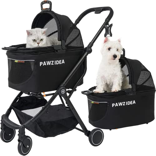 PAWZIDEA Hundewagen 3in1, Hundebuggy für Kleine Hunde bis 15kg, Klappbar Katzenwagen für 2 Katzen, Faltbarer Haustierwagen Abnehmbarer Transporttasche Hundebox für Autositz, Ablagekorb, Getränkehalter