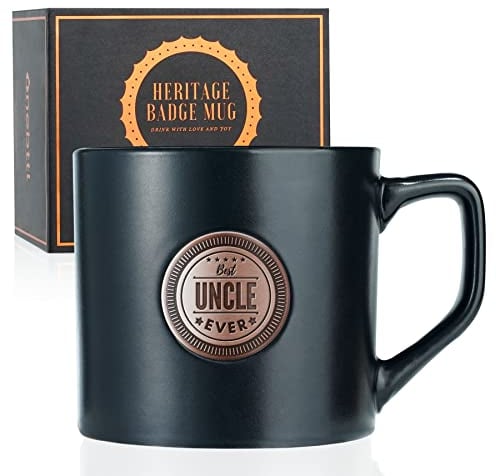 Onebttl Uncle Gifts Coffee Mug with Golden Badge from Niece and Nephew, 15oz/450ml Ceramic Mug for Father's Day, Christmas, Birthday - Best Uncle Ever