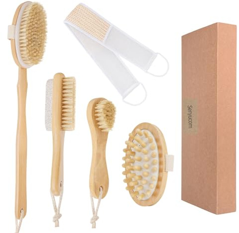 Senyucom Shower Brushes,5 Spa Set Bath Long Handle Back Scrubber | Body Exfoliator for Back, Feet, Cellulite, Lymphatic Drainage - Exfoliating Massager,suitable for All Kinds of Skin