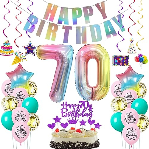 Deko 70. Geburtstag frauen bunt ,Geburtstagsdeko 70 jahre frauen Rosa Luftballons 70 Geburtstag dekoration Regenbogen,bunt Folienballon 70 Geburtstag deko frau Rosa Tortendeko 70 Geburtstag lila