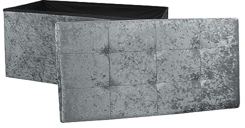 DANIEL JAMES Housewares Large Fold Flat Ottoman Storage, Grey Velvet Velour Finish, Double Size, 76cm (L) x 38cm (W) x 38cm (H)