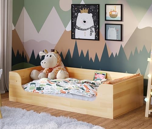 Bellabino Bodenbett AMU 80x160 cm, Montessori Kinderbett für Jungen und Mädchen aus Kiefer Massivholz inkl. Rolllattenrost Natur lackiert, Bett für Kinder Holz
