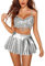 Avidlove Damen Dessous Set Latex Sexy Leder Halloween Kostüm Clubwear Festival Outfit Frauen Fransen BH Mit Minirock Set Silber L