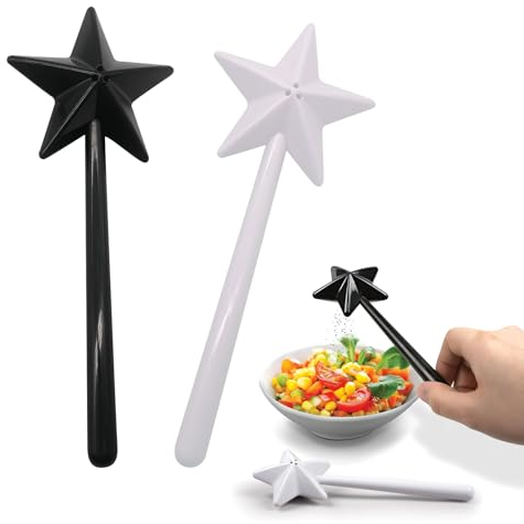 Wondora Pack of 2 Star Pepper Seasoned Wand Salt and Pepper Shakers, Refillable Wand Salt and Pepper Shakers, Magic Wand Spice Shaker for the Kitchen (Black + White)