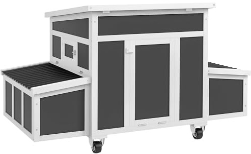 PawHut Wooden Chicken Coop, Chicken Tractor for 6 Chickens, Outdoor Poultry Cage Rabbit Hutch Duck Coop Hen House with Nesting Box, Tray, Windows, Dark Gray