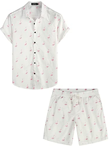 VATPAVE Herren Baumwolle Hawaii Hemd Sommer Outfit Männer Freizeit Kurzarmhemd Strandhemd und Kurze Hosen 2 Teiler Set Festival Hemd Klein Weiß Flamingo