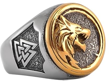 TQWSVUM Nordischer Wikinger Wolf Ring Für Männer - Edelstahl Zweifarbiger Wolfskopf Valknut Siegelring - Mode Hip Hop Straße Vintage Odin Fenrir Tierring Isländischer Schmuck(13)