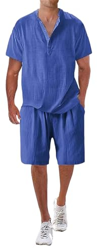 liaddkv Herren-Sommer-Atmungsaktiver Zweiteiler mit faltigem Hemd und Shorts-Set, strukturierter Herren-Strandanzug Unterzieher Trockentauchanzug (Blue, XXL)