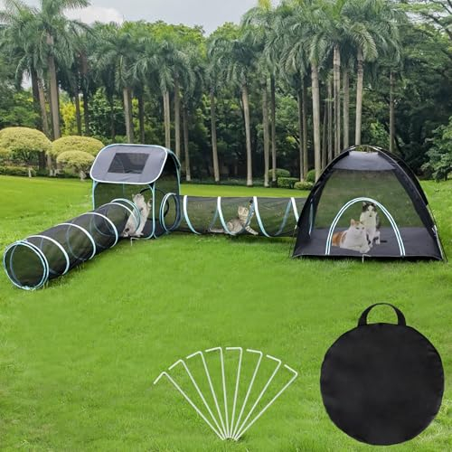 RANYPET 4 in 1 Tragbare Katzenzelt für Draußen, Katzengehege Outdoor mit 2 Faltbare Zelten, 2 Faltbare Pop Up Katzentunnel und Aufbewahrungstasche, Interaktive Labyrinth für Kätzchen/Welpen/Kaninchen