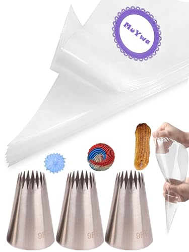 Lot de 23 douilles et poches à douille extra larges de 2,7 m pour churros éclairs et étoiles avec poches à douille jetables