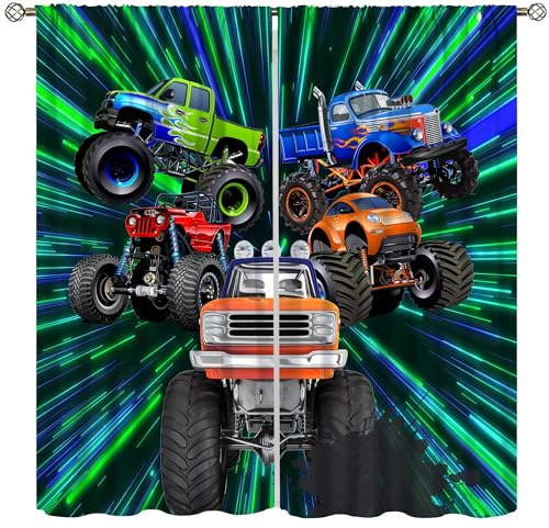 AAVEUP Monster-Truck-Dekovorhänge für Jungen, Cartoon-3D-grünes Licht, Graffiti, 106,7 x 114,3 cm, Buggy, Bigfoot, Autofenstervorhänge, Druck für Kinderzimmer, Jungen, Schlafzimmer, Wohnzimmer, 106,7