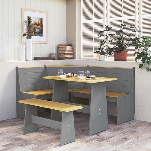 JUDYY Eckbank, Sitzbank Esszimmer, Küchenbank, Bank Esszimmer, Hockerbank, Pflanzenbank, Betthocker, Sitzecke Küche, 151 cm Massivholz Kiefer Honigbraun und Grau