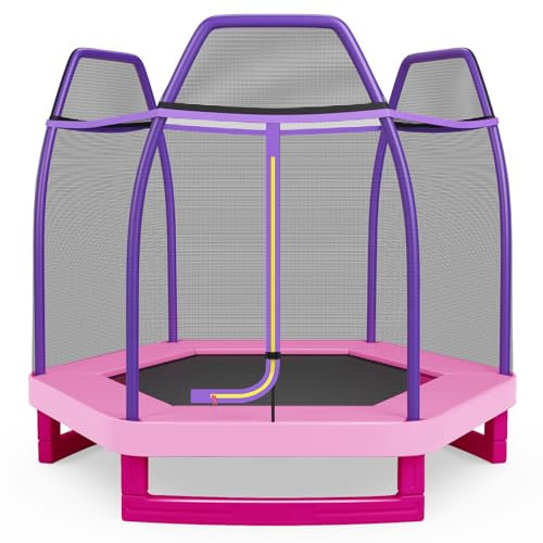 GYMAX Kinder Trampolin Ø223 cm, Fitness-Trampolin mit Sicherheitsnetz & Sprungbrett, Gartentrampolin mit Federn & Stahlrahmen für Kinder ab 3 Jahre, für den Innen- & Außeneinsatz (Lila+Rosa)