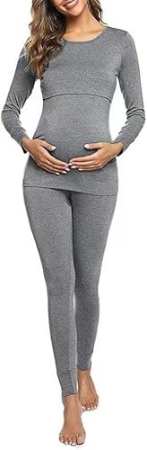Générique Ensemble de Pyjama Maternité Coton Pyjama d'allaitement pour Femme Manches Longues Vêtement de Nuit Hiver Chaud (FR/ES, Alpha/Lettres, TG, Taille Normale, Taille Normale, Gris)