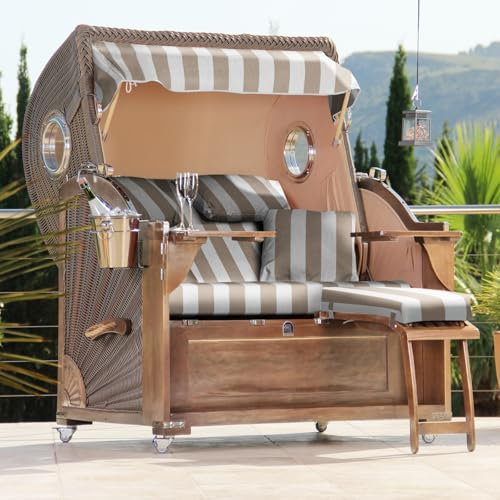 DERKORB Strandkorb 2,5 Sitzer Ostsee Classic mit Bullauge XXL Volllieger in Mahagoni, fertig montiert mit Rollen & Premium Schutzhülle (Beige Braun Blockstreifen)