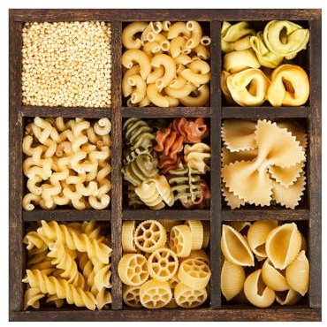 Küchenbild Pasta Box 30 x 30 cm I ITALIENISCHE VIELFALT I Glasbild mit Nudelsorten in Holzbox I Bild für Küche & Esszimmer I Deko Wandbild rustikal I Moderne Küchenbilder Set