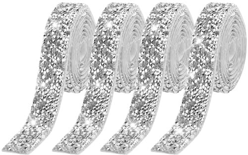4 Rollen Diamantband selbstklebend kristall Strass Diamant Band Glitzerband Silber Strassband Deko Strasssteine Band Glitzersteine für Hochzeit Geburtstag DIY Dekoration (Silber, 20mm)